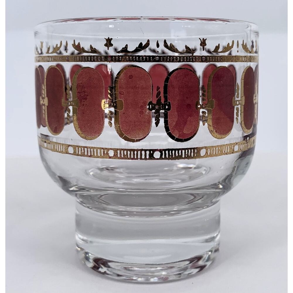 Vintage Culver Cranberry Scroll Roly Poly Lowball Glass Mid Century 22k Gold